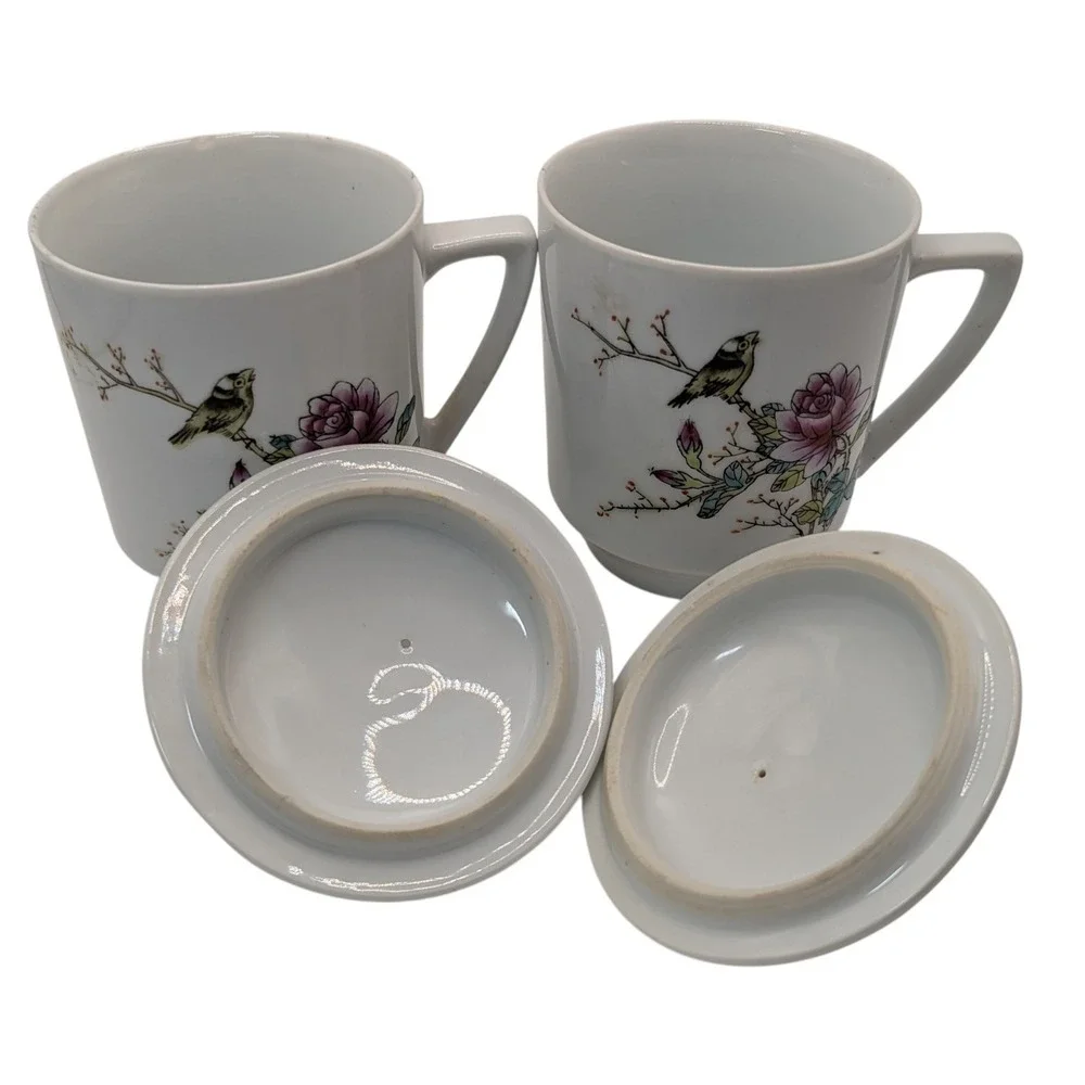 Vintage Chinese Footed Teacup Lidded Asian Rose Floral Bird‎ Set of Two SEE